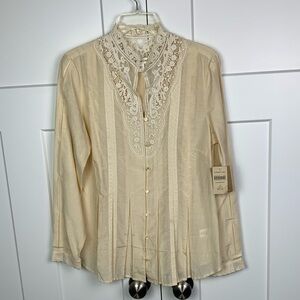 NWT Coldwater Creek SMALL Boho Lace Blouse Button Front Beige Romantic